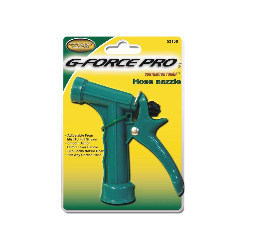 The G FORCE 53102 Poly Hose Nozzle features a pistol grip with trigger handle, adjustable spray, and threaded design. Its packaging highlights smooth watering control and compatibility with any garden hose.